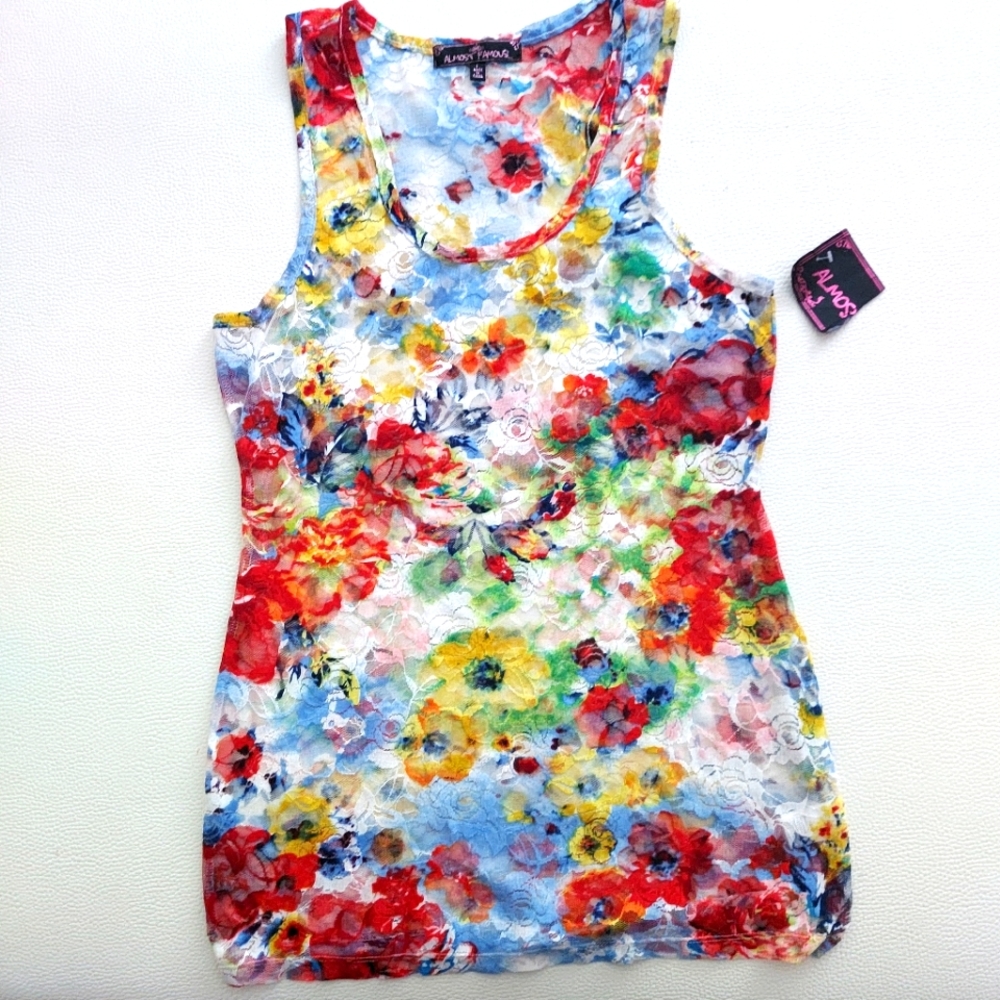 Almost Famous Lace Floral Tank L